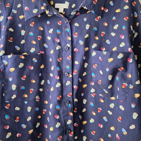 Talbots XL Blue Acorn Print 100% Cotton Roll-Tab Button Down Shirt Pockets - Picture 3 of 10